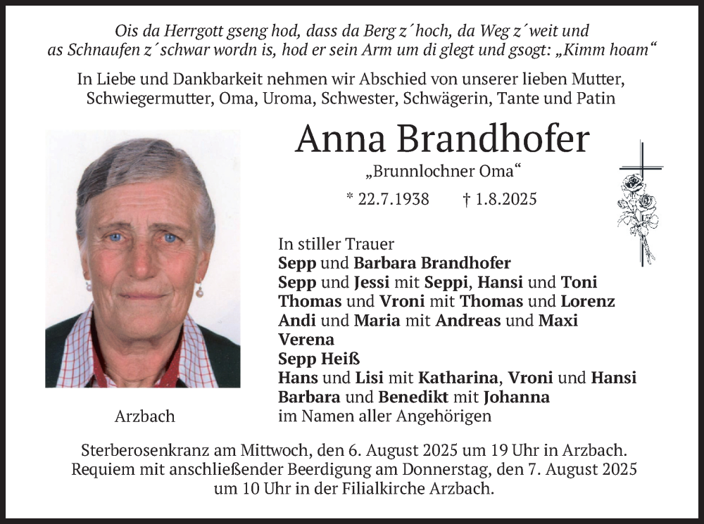  Traueranzeige für Anna Brandhofer vom 05.08.2025 aus merkurtz