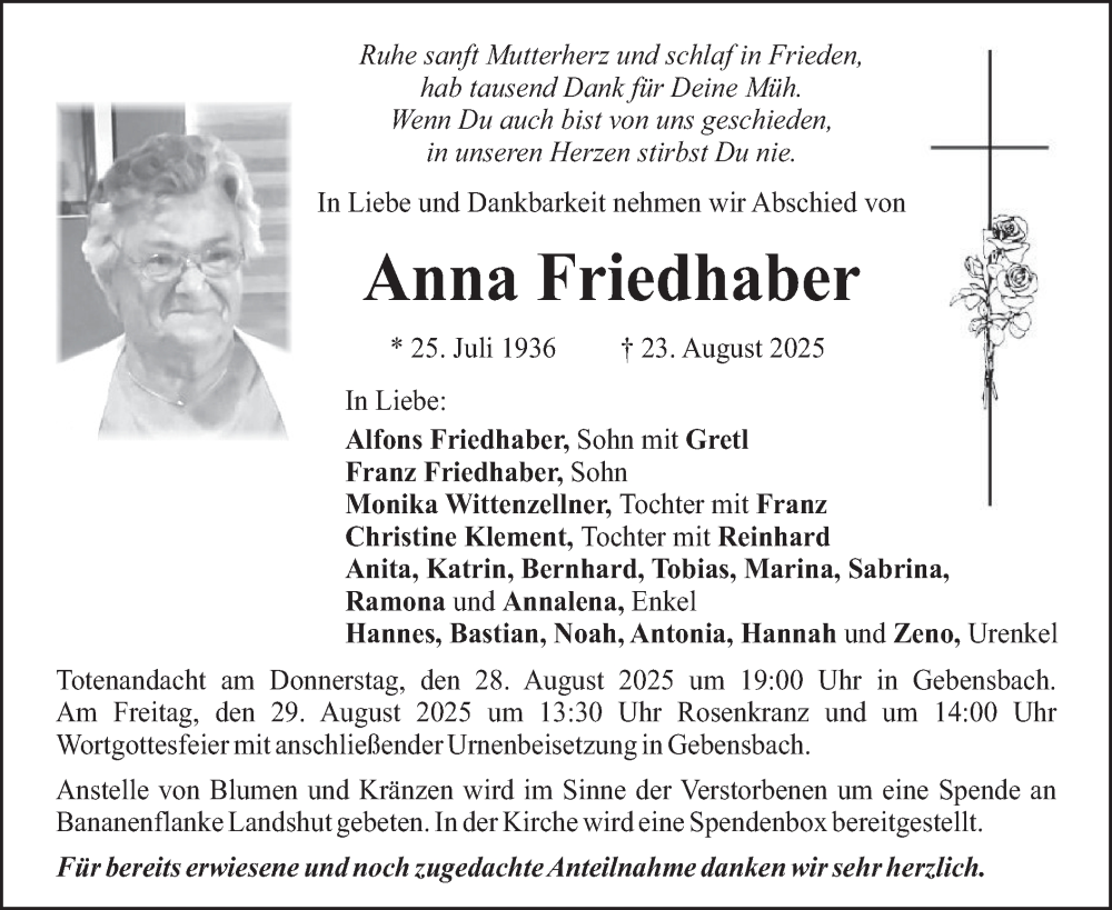 Traueranzeige für Anna Friedhaber vom 27.08.2025 aus merkurtz