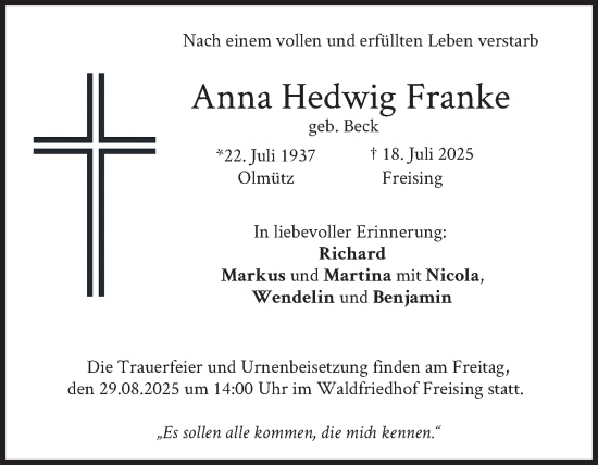 Traueranzeige von Anna Hedwig Franke von merkurtz