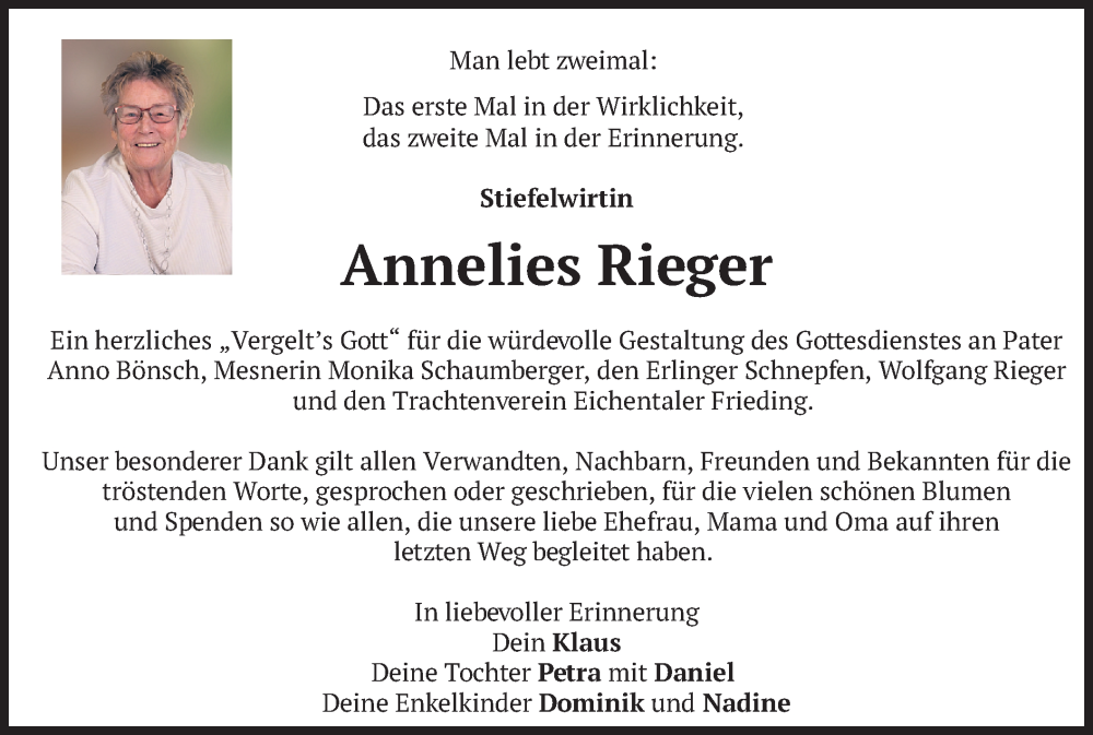  Traueranzeige für Annelies Rieger vom 09.08.2025 aus merkurtz
