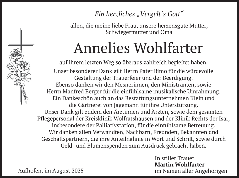  Traueranzeige für Annelies Wohlfarter vom 09.08.2025 aus merkurtz