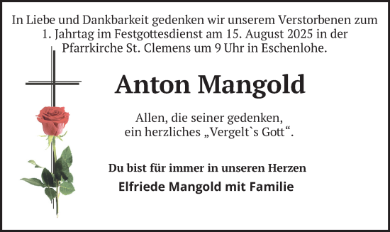 Traueranzeige von Anton Mangold von merkurtz
