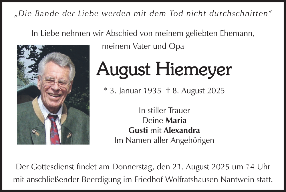  Traueranzeige für August Hiemeyer vom 16.08.2025 aus merkurtz
