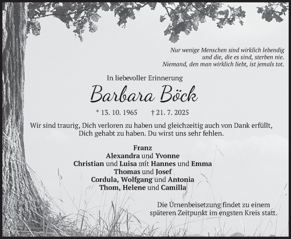  Traueranzeige für Barbara Böck vom 02.08.2025 aus merkurtz