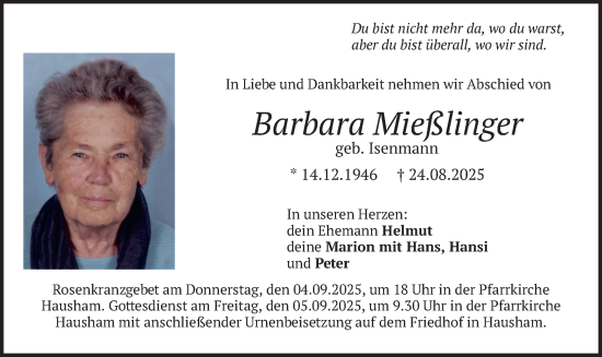 Traueranzeige von Barbara Mießlinger von merkurtz