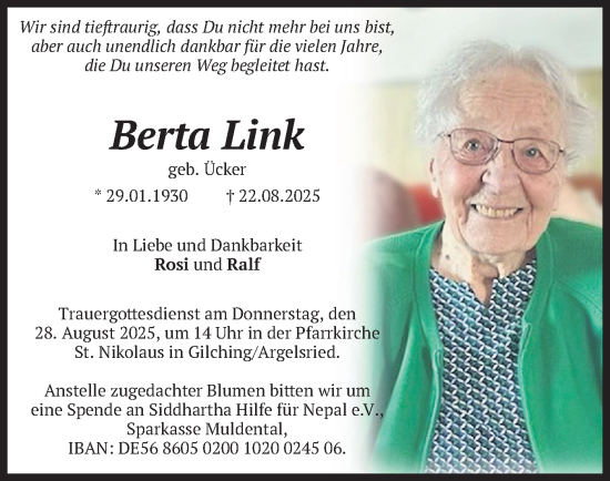 Traueranzeige von Berta Link von merkurtz