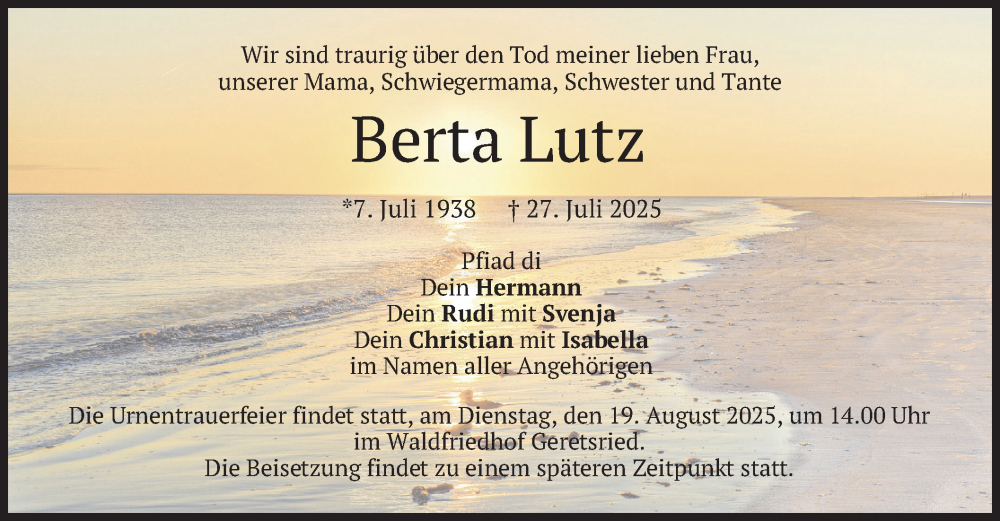  Traueranzeige für Berta Lutz vom 09.08.2025 aus merkurtz