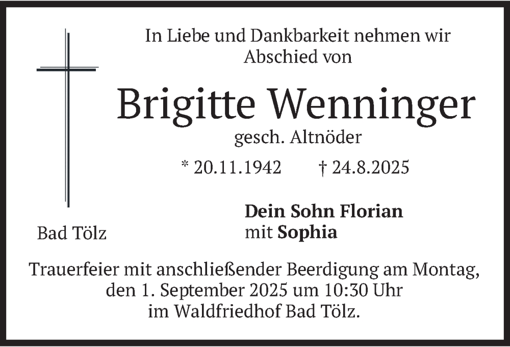  Traueranzeige für Brigitte Wenninger vom 30.08.2025 aus merkurtz