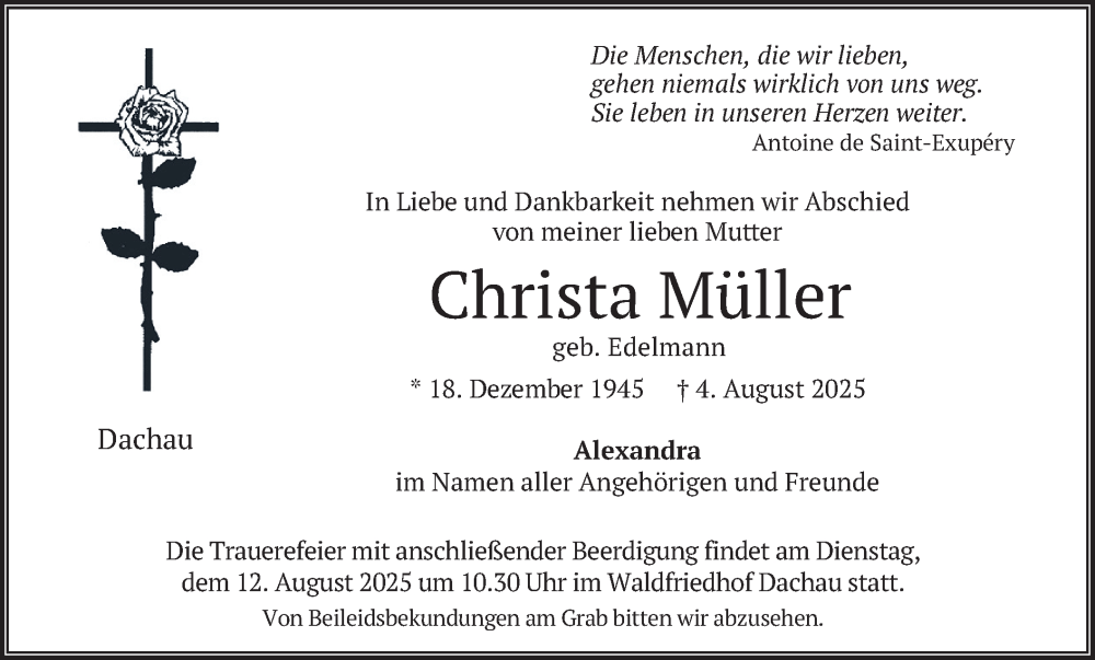  Traueranzeige für Christa Müller vom 09.08.2025 aus merkurtz