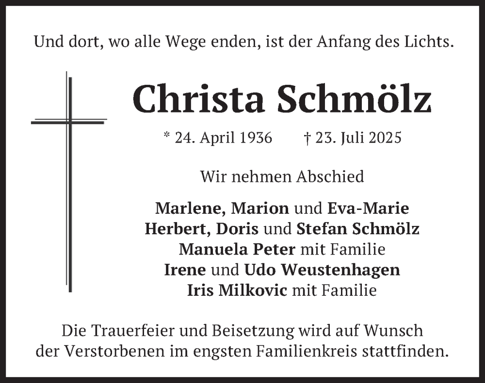  Traueranzeige für Christa Schmölz vom 02.08.2025 aus merkurtz