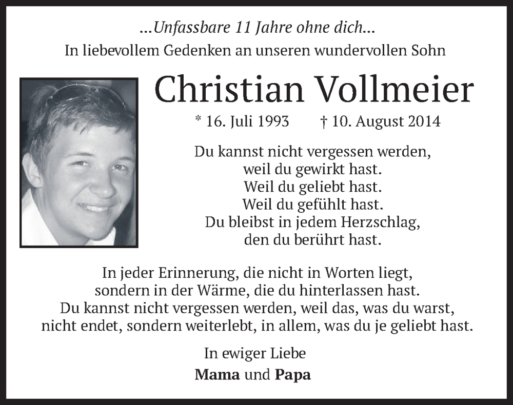  Traueranzeige für Christian Vollmeier vom 09.08.2025 aus merkurtz