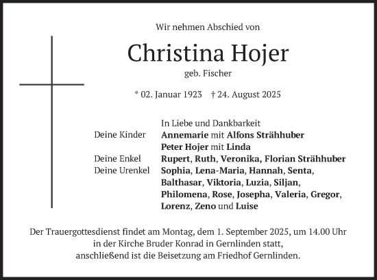 Traueranzeige von Christina Hojer von merkurtz