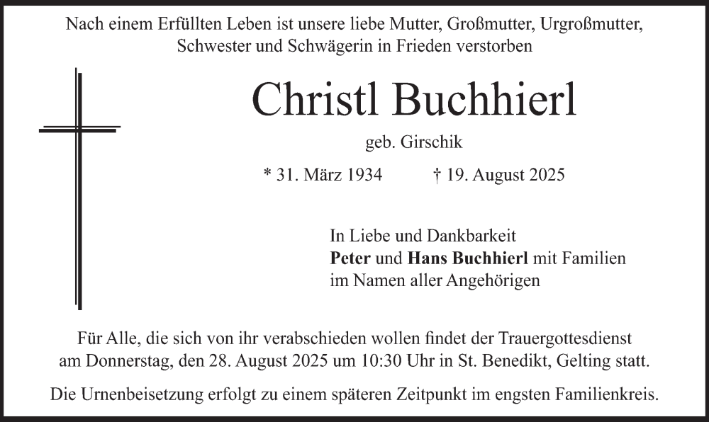  Traueranzeige für Christl Buchhierl vom 23.08.2025 aus merkurtz