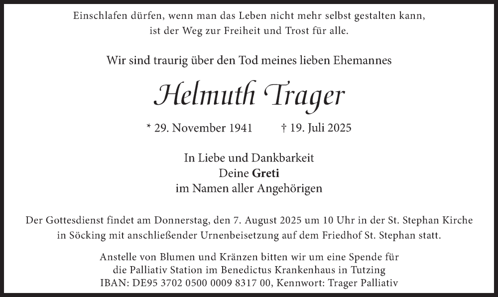  Traueranzeige für Helmuth Trager vom 02.08.2025 aus 