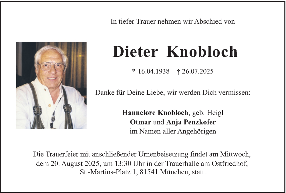  Traueranzeige für Dieter Knobloch vom 16.08.2025 aus merkurtz