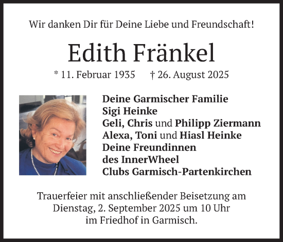 Traueranzeige von Edith Fränkel von merkurtz