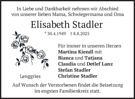 Traueranzeige von Elisabeth Stadler von merkurtz