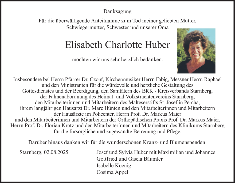  Traueranzeige für Elisabeth Charlotte Huber vom 02.08.2025 aus merkurtz