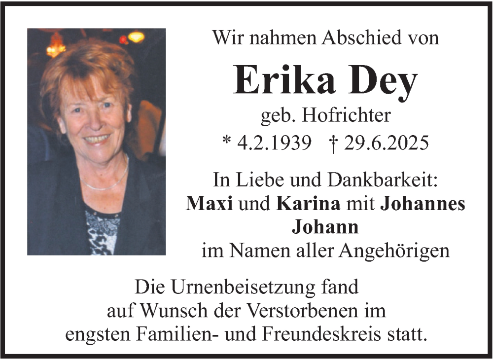  Traueranzeige für Erika Dey vom 02.08.2025 aus merkurtz