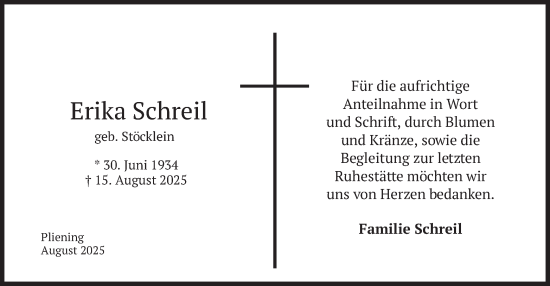 Traueranzeige von Erika Schreil von merkurtz