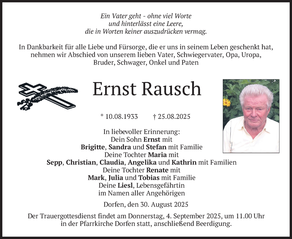  Traueranzeige für Ernst Rausch vom 30.08.2025 aus merkurtz