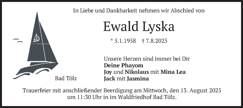  Traueranzeige für Ewald Lyska vom 12.08.2025 aus merkurtz