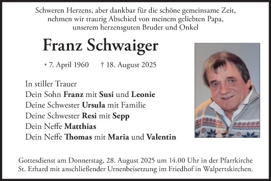 Traueranzeige von Franz Schwaiger von merkurtz