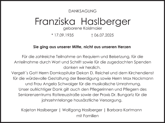 Traueranzeige von Franziska Haslberger von merkurtz