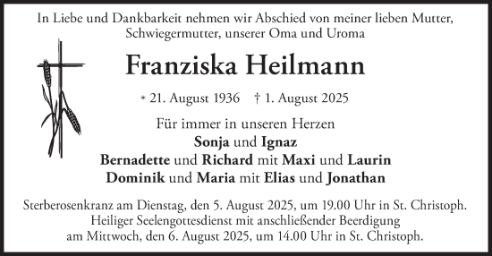Traueranzeige von Franziska Heilmann von merkurtz