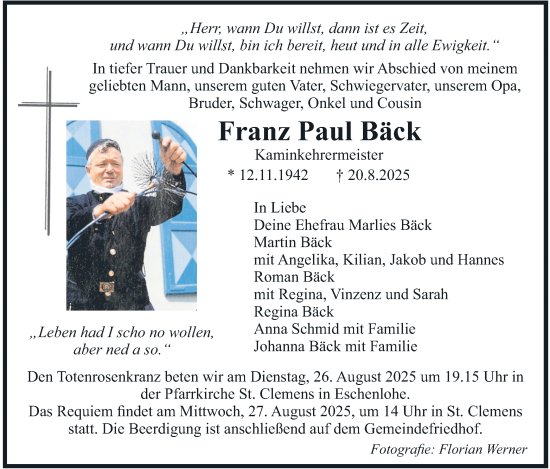 Traueranzeige von Franz Paul Bäck von merkurtz