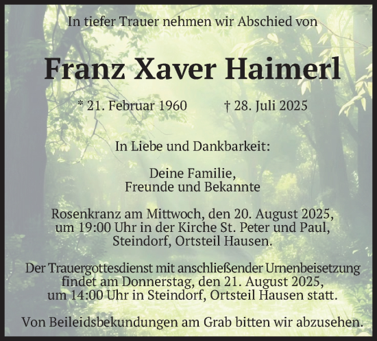 Traueranzeige von Franz Xaver Haimerl von merkurtz