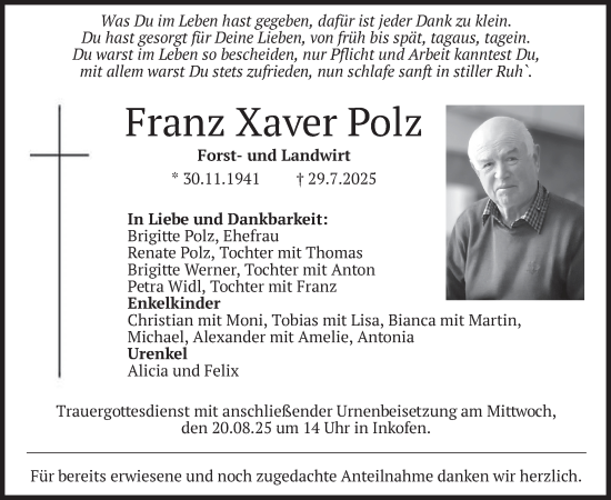 Traueranzeige von Franz Xaver Polz von merkurtz