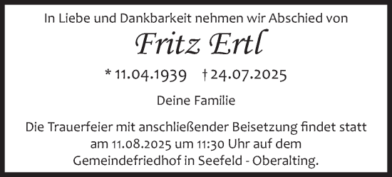 Traueranzeige von Fritz Ertl von merkurtz