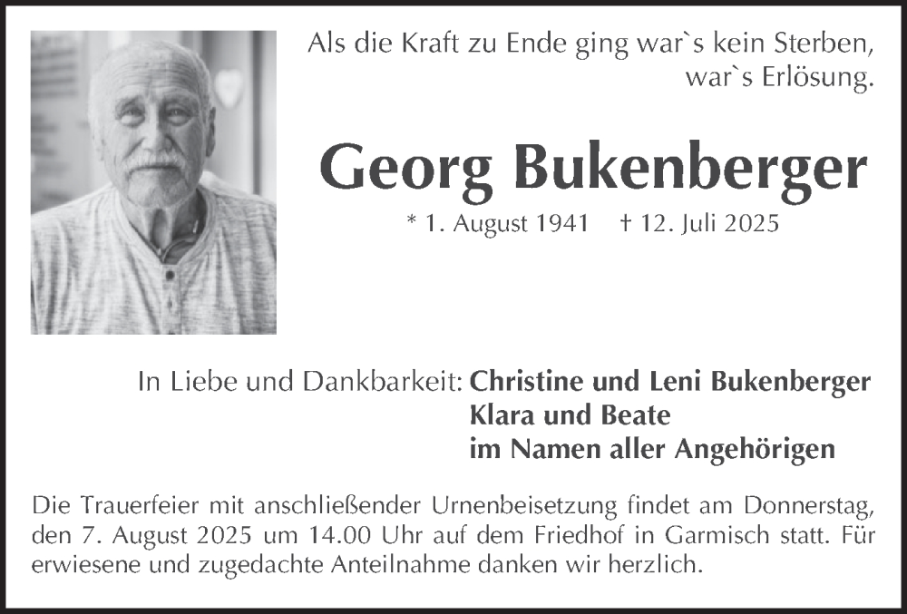  Traueranzeige für Georg Bukenberger vom 02.08.2025 aus merkurtz