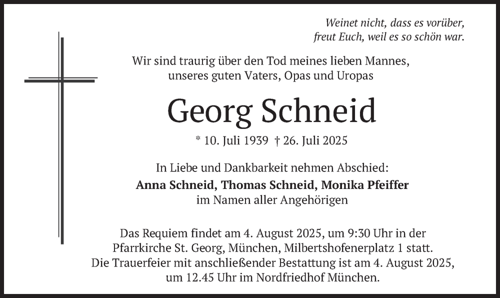  Traueranzeige für Georg Schneid vom 02.08.2025 aus merkurtz
