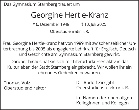 Traueranzeige von Georgine Hertle-Kranz von merkurtz
