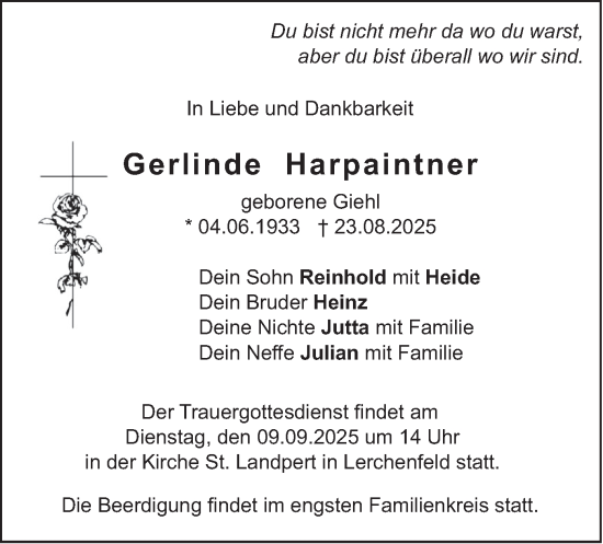 Traueranzeige von Gerlinde Harpaintner von merkurtz