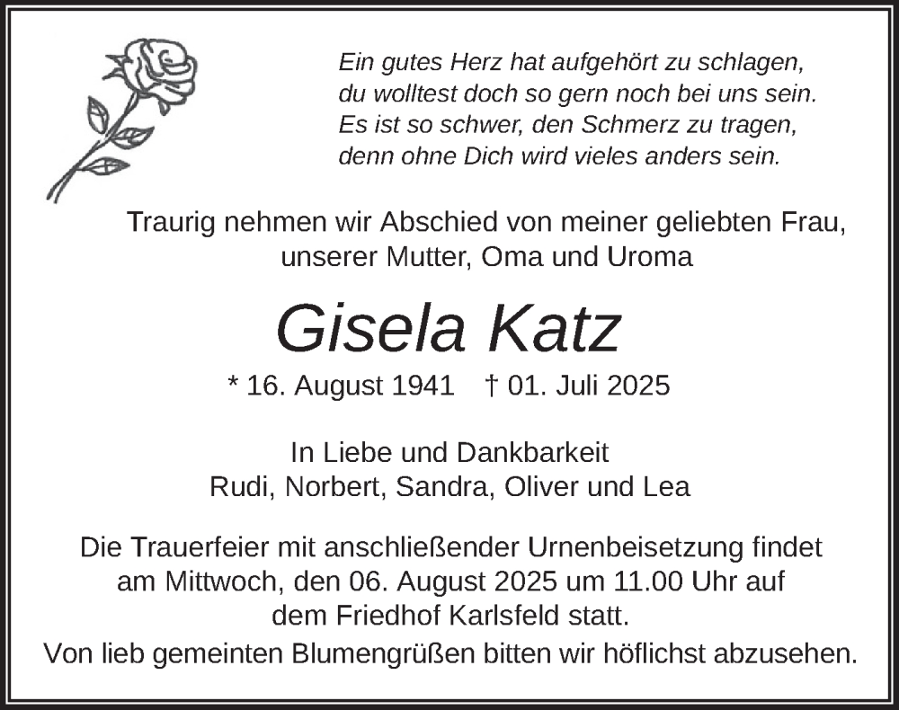  Traueranzeige für Gisela Katz vom 02.08.2025 aus merkurtz