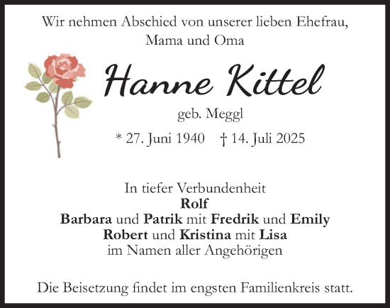Traueranzeige von Hanne Kittel von merkurtz
