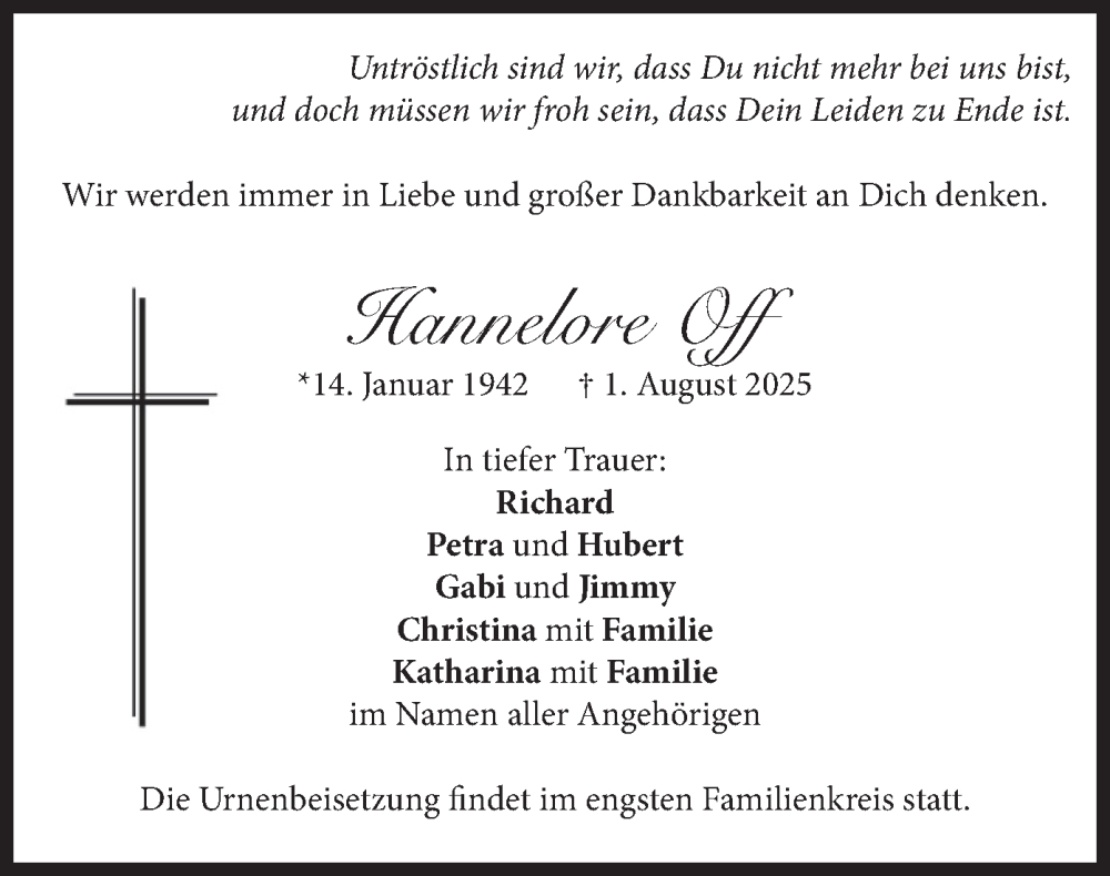  Traueranzeige für Hannelore Off vom 09.08.2025 aus merkurtz