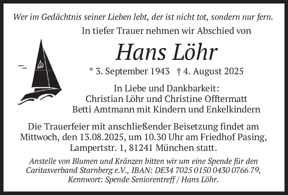 Traueranzeige für Hans Löhr vom 09.08.2025 aus merkurtz