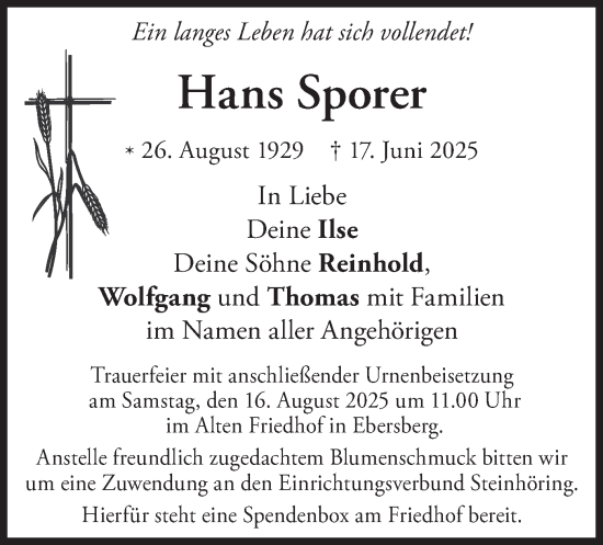 Traueranzeige von Hans Sporer von merkurtz