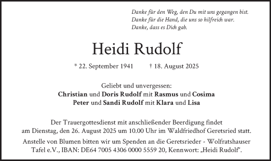 Traueranzeige von Heidi Rudolf von merkurtz
