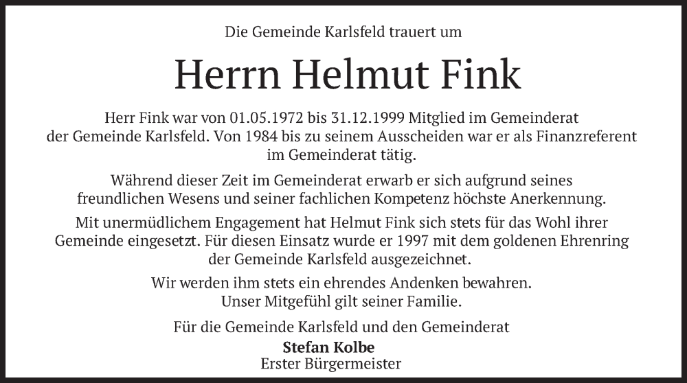  Traueranzeige für Helmut Fink vom 27.08.2025 aus merkurtz
