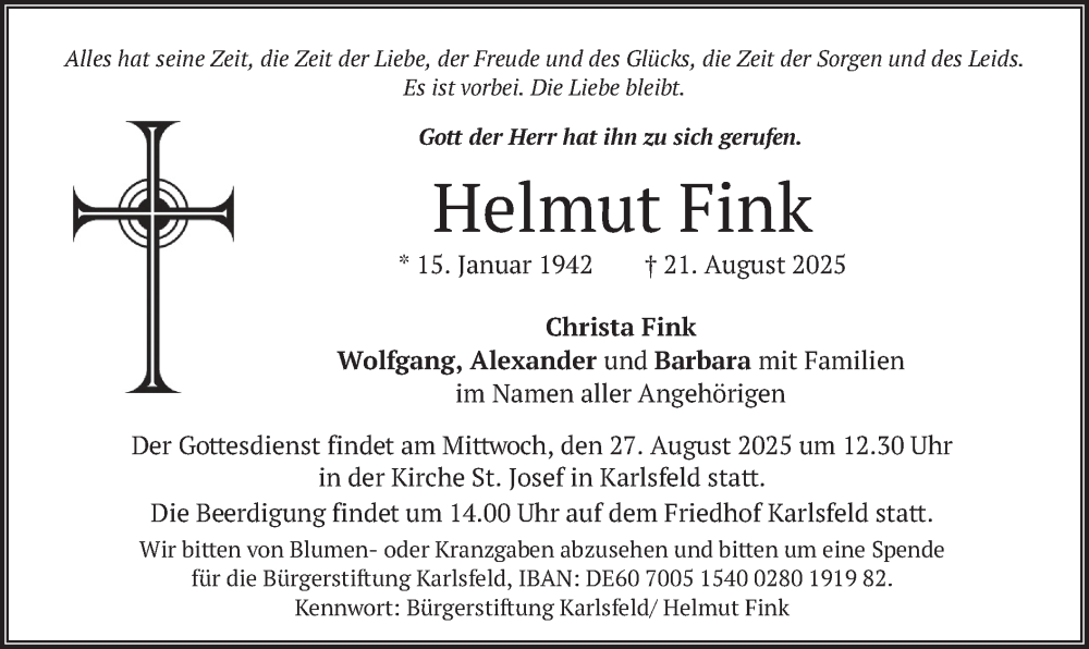  Traueranzeige für Helmut Fink vom 23.08.2025 aus merkurtz
