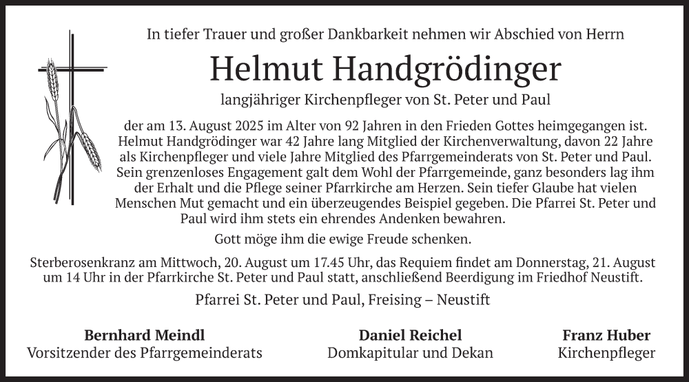  Traueranzeige für Helmut Handgrödinger vom 20.08.2025 aus merkurtz
