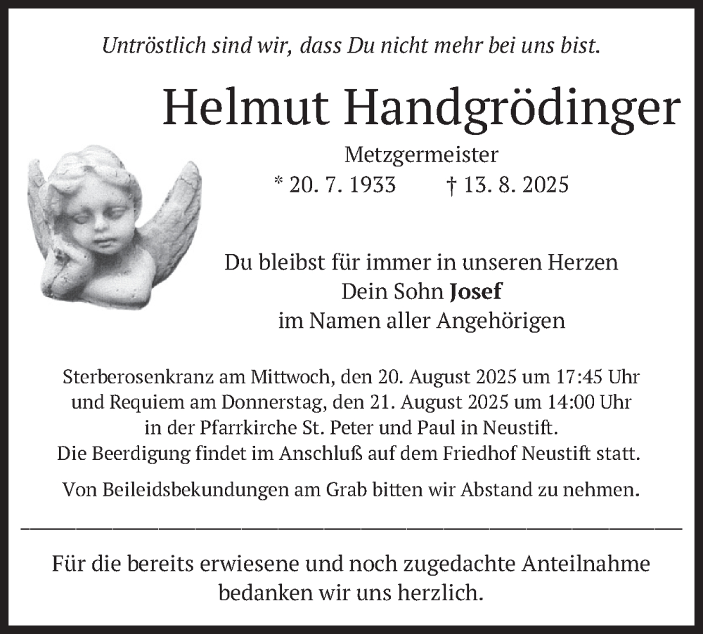  Traueranzeige für Helmut Handgrödinger vom 16.08.2025 aus merkurtz