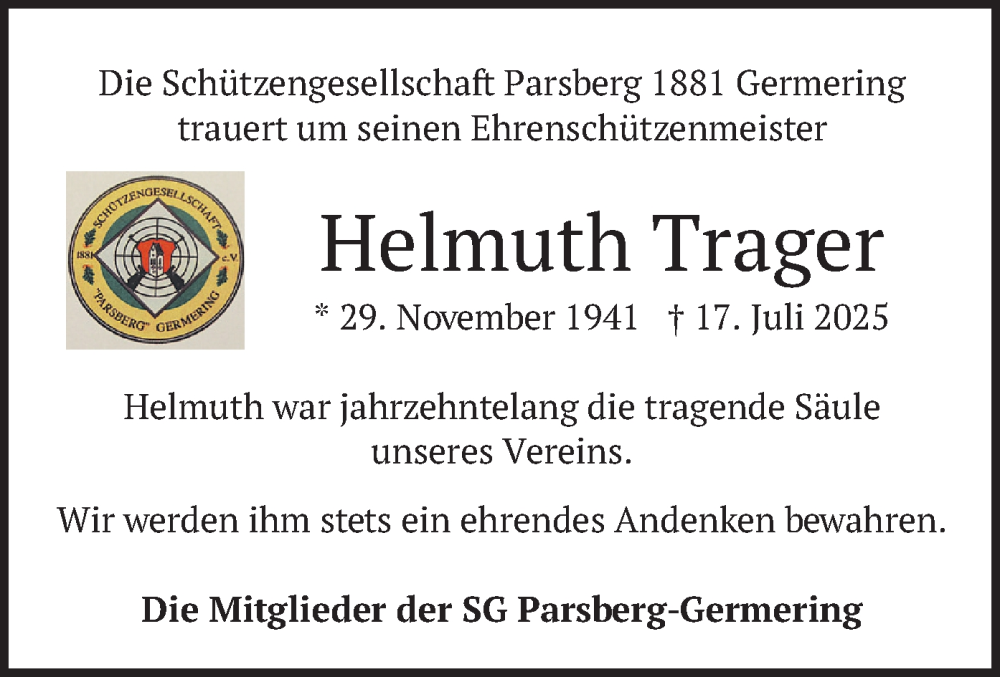  Traueranzeige für Helmuth Trager vom 02.08.2025 aus merkurtz
