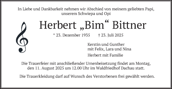 Traueranzeige von Herbert Bittner von merkurtz