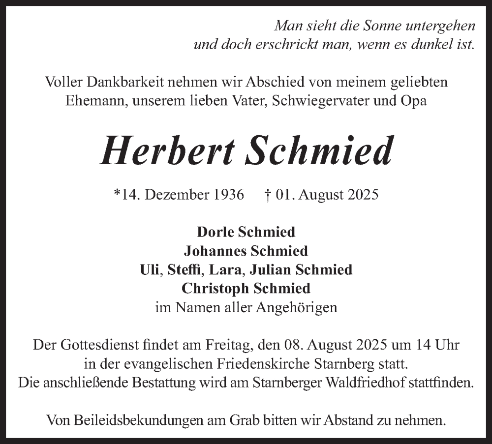  Traueranzeige für Herbert Schmied vom 05.08.2025 aus merkurtz